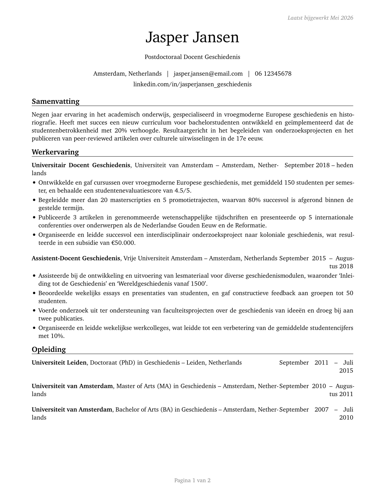 History Teachers, Postsecondary CV in Dutch — page 1