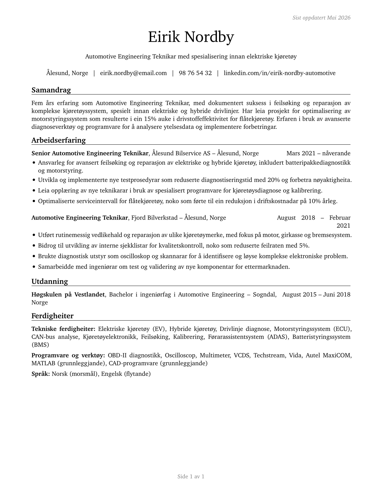 Automotive Engineering Technicians CV in Norwegian_nynorsk — page 1