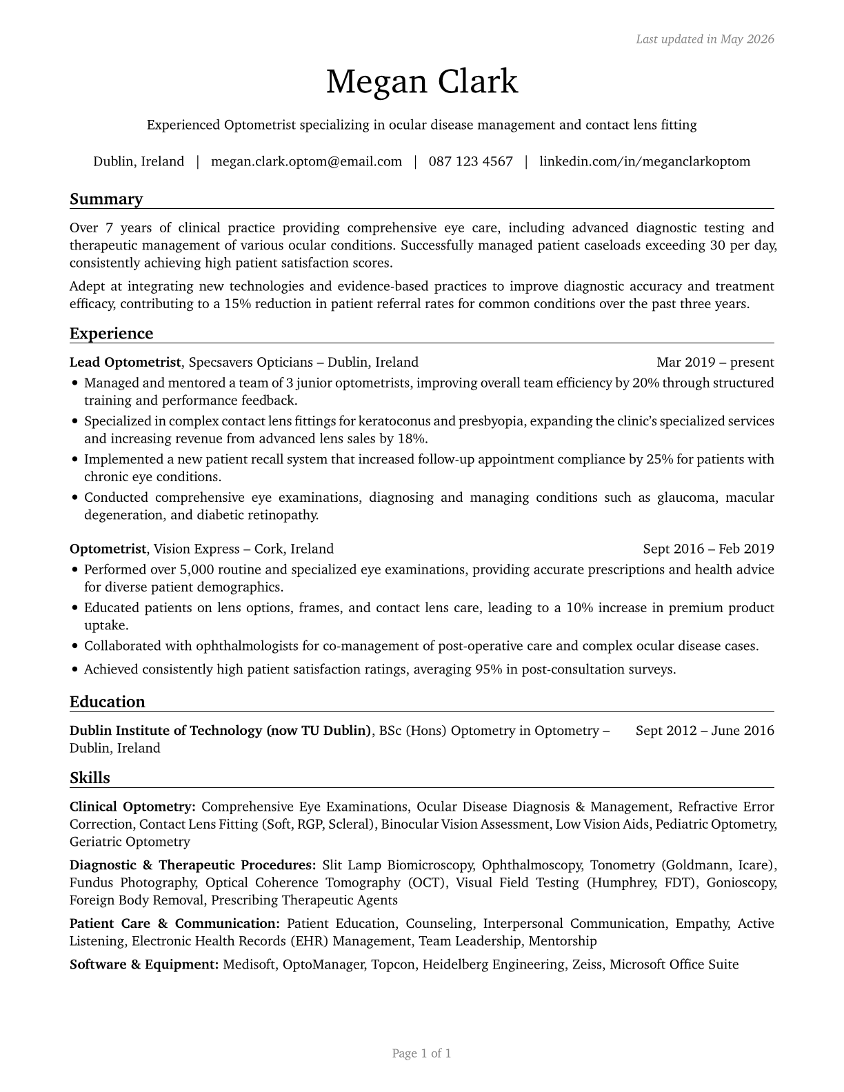 Optometrists CV in English — page 1