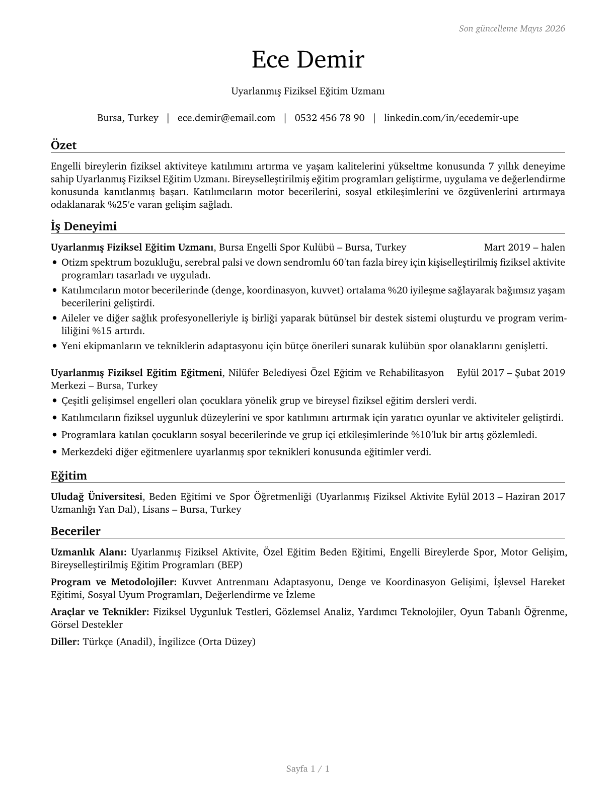 Adapted Physical Education Specialists CV in Turkish — page 1