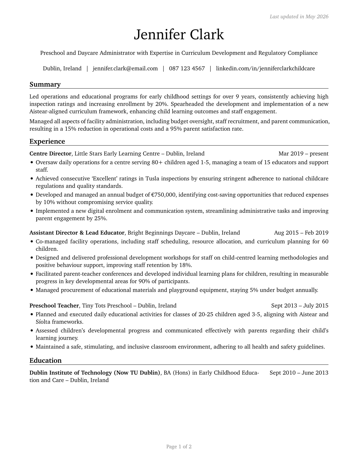 Education and Childcare Administrators, Preschool and Daycare CV in English — page 1
