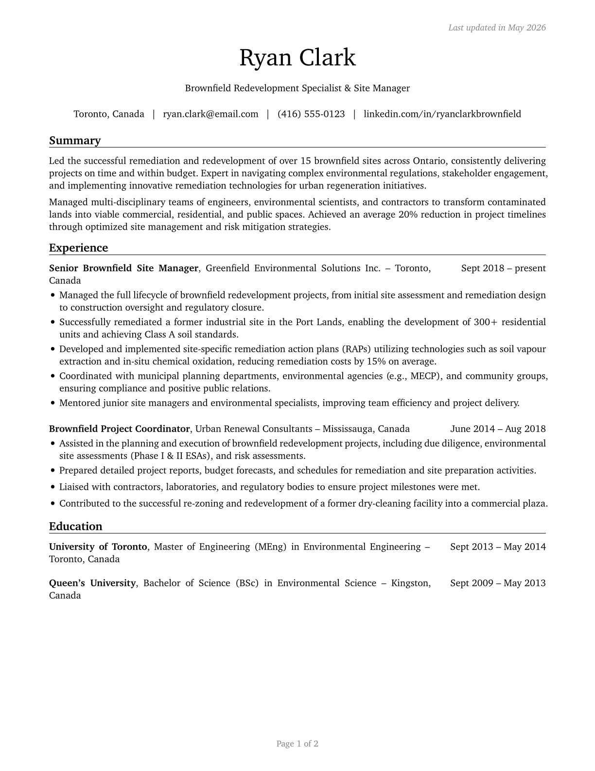 Brownfield Redevelopment Specialists and Site Managers CV in English — page 1
