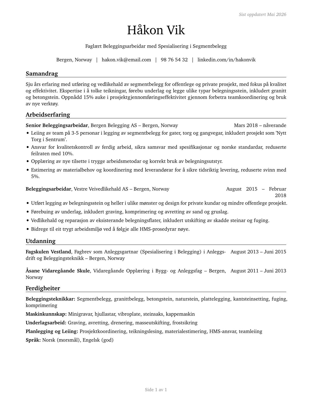 Segmental Pavers CV in Norwegian_nynorsk — page 1