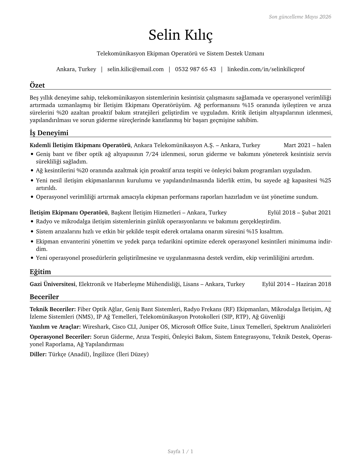 Communications Equipment Operators, All Other CV in Turkish — page 1