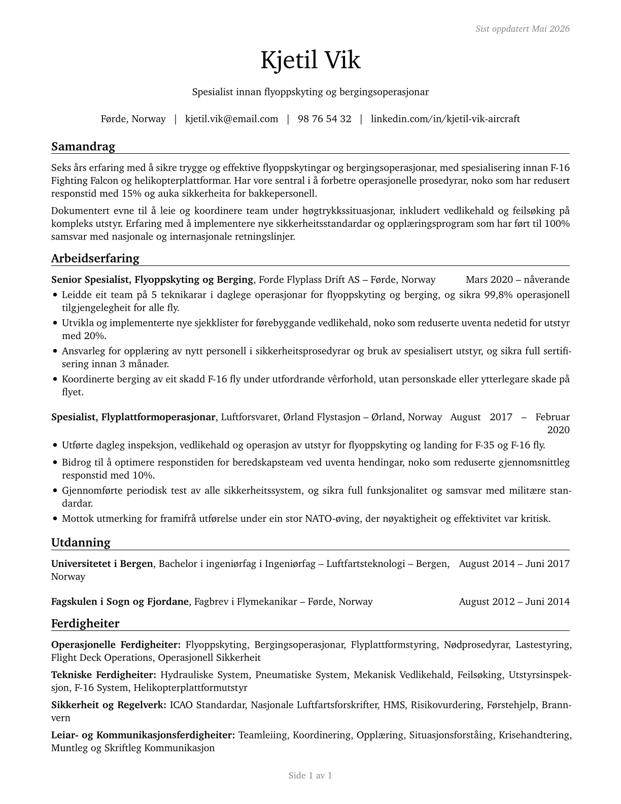 Aircraft Launch and Recovery Specialists CV in Norwegian_nynorsk — page 1