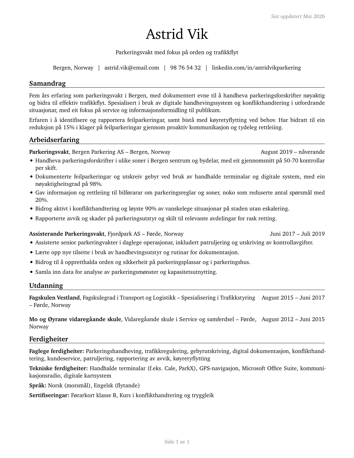 Parking Enforcement Workers CV in Norwegian_nynorsk — page 1