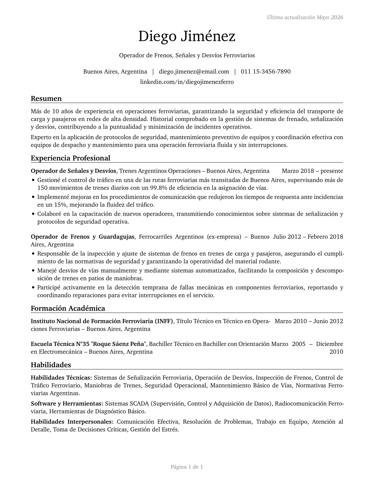 Railroad Brake, Signal, and Switch Operators and Locomotive Firers CV in Spanish — page 1