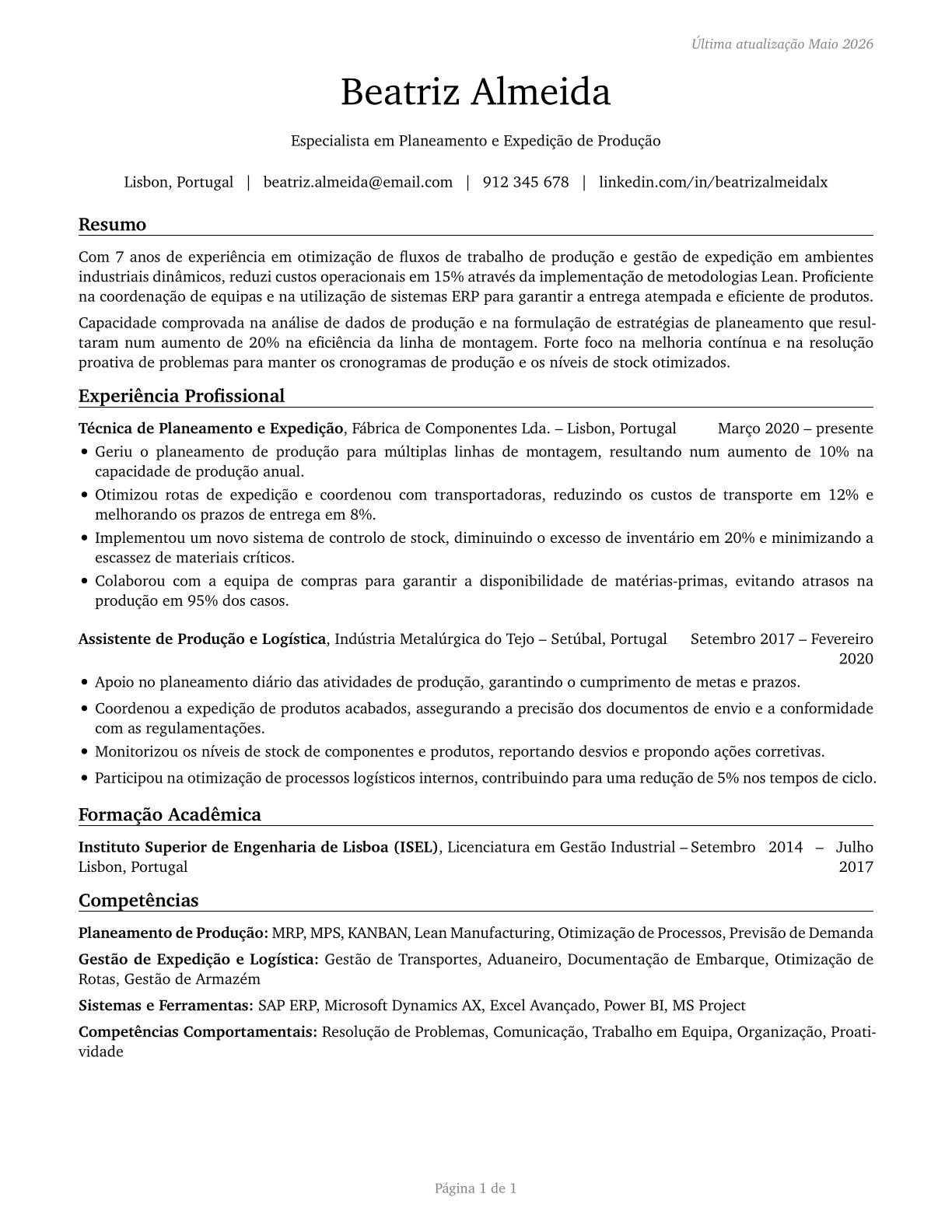 Production, Planning, and Expediting Clerks CV in Portuguese — page 1