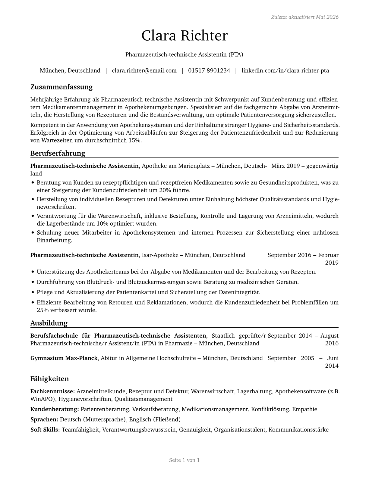 Pharmacy Aides CV in German — page 1