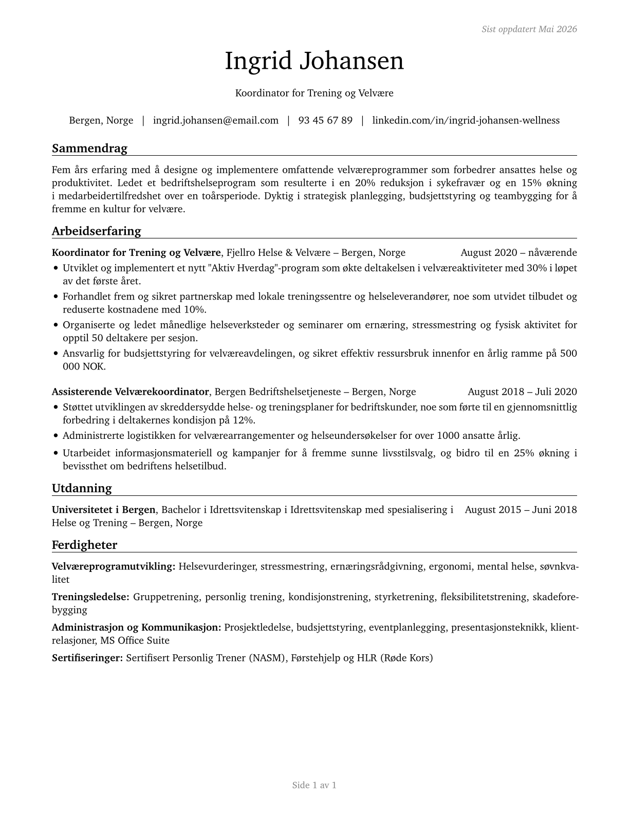 Fitness and Wellness Coordinators CV in Norwegian_bokmal — page 1