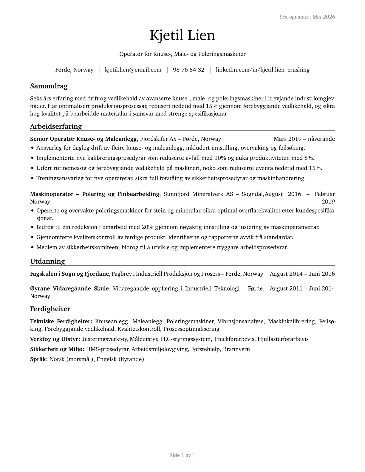 Crushing, Grinding, and Polishing Machine Setters, Operators, and Tenders CV in Norwegian_nynorsk — page 1
