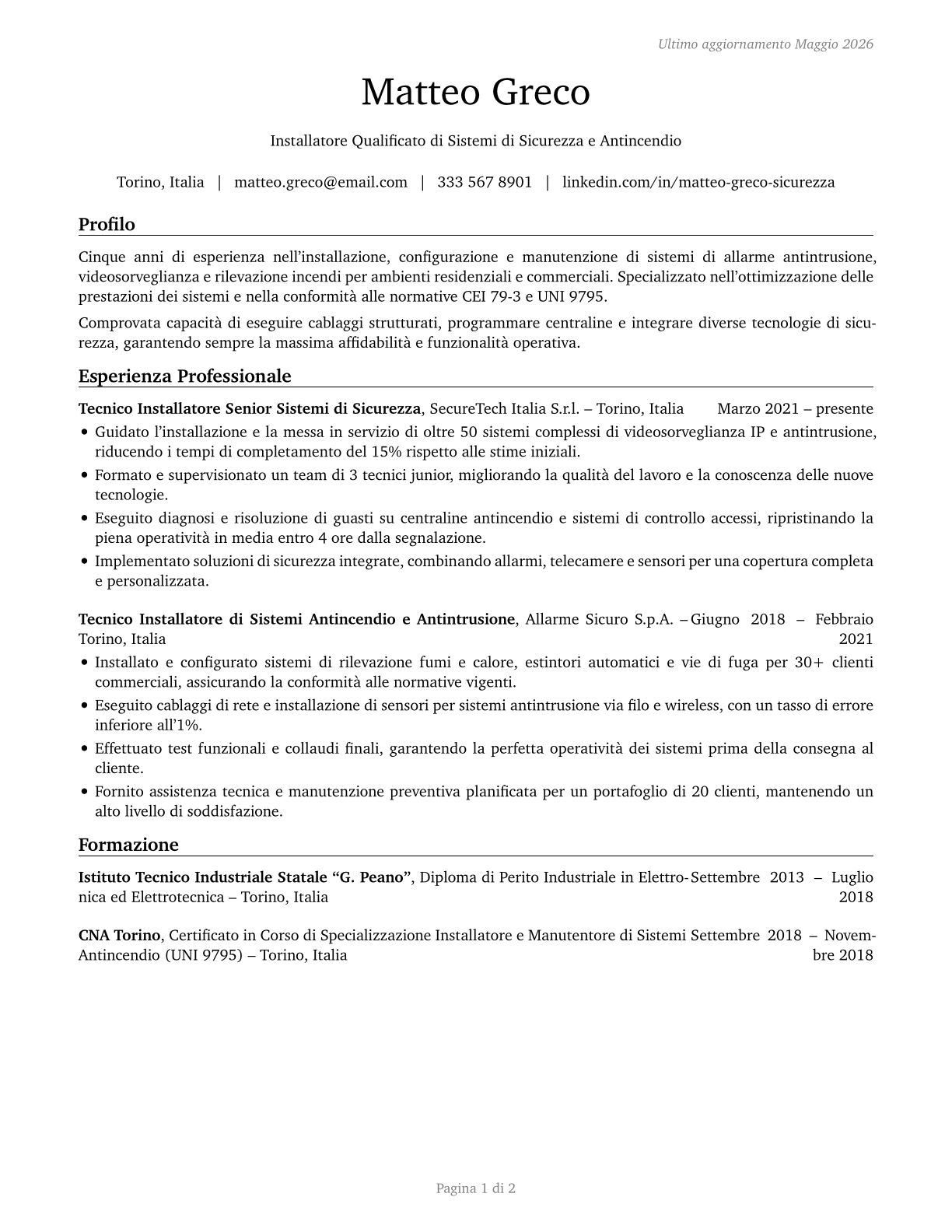 Security and Fire Alarm Systems Installers CV in Italian — page 1