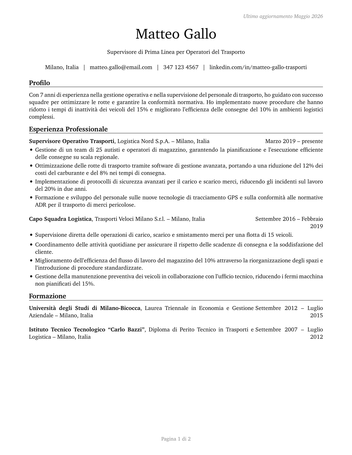 First-Line Supervisors of Transportation Workers, All Other CV in Italian — page 1