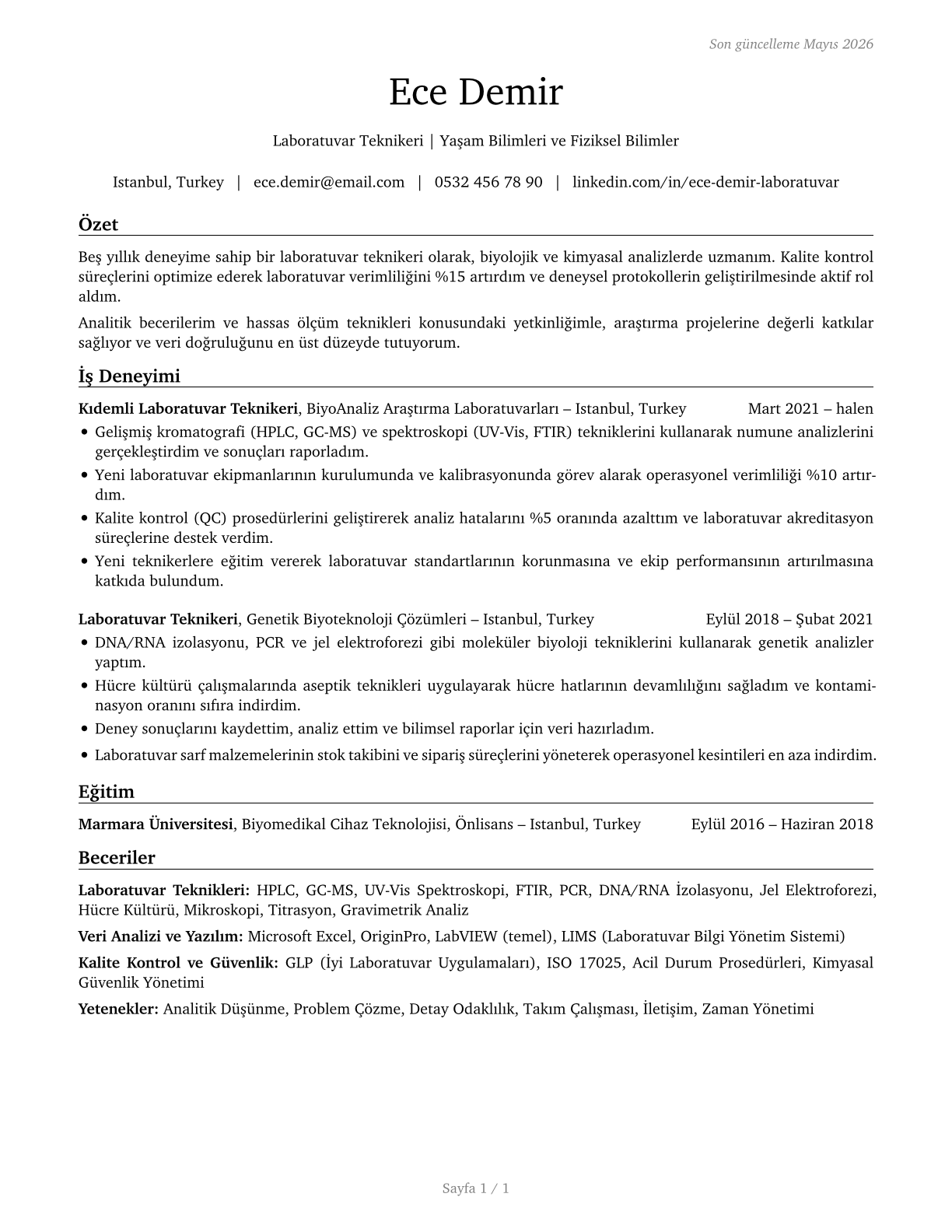 Life, Physical, and Social Science Technicians, All Other CV in Turkish — page 1