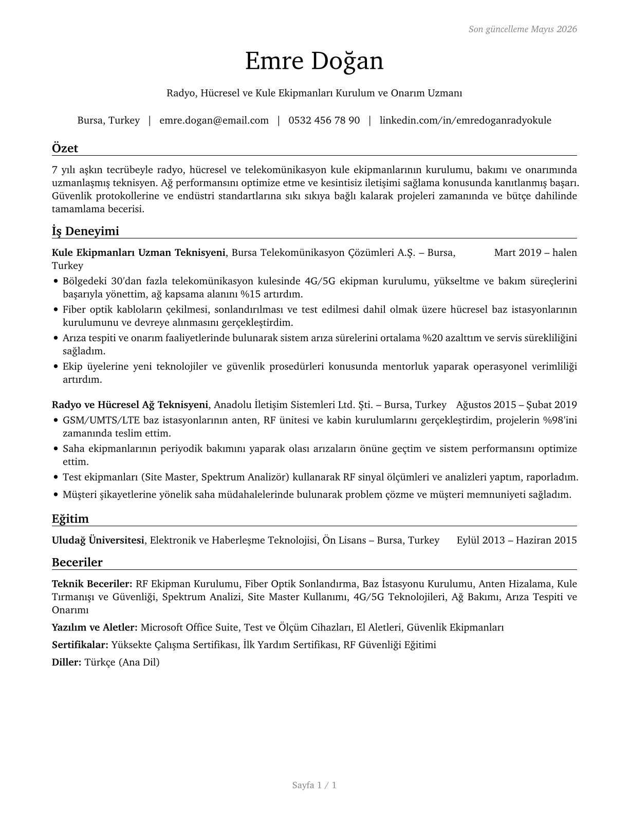 Radio, Cellular, and Tower Equipment Installers and Repairers CV in Turkish — page 1