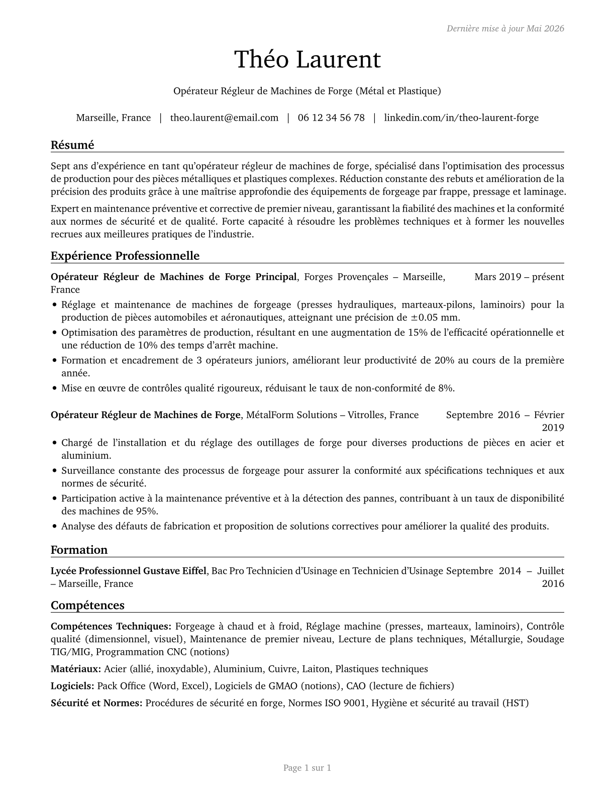 Forging Machine Setters, Operators, and Tenders, Metal and Plastic CV in French — page 1