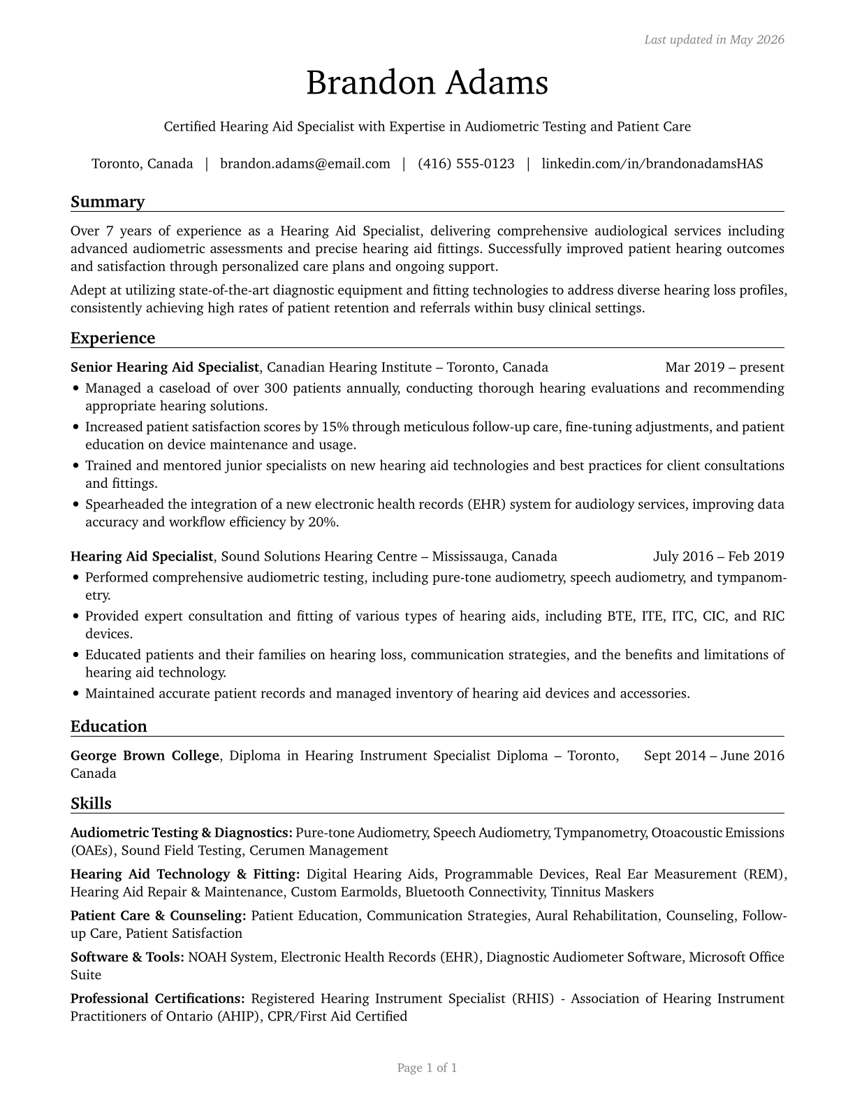 Hearing Aid Specialists CV in English — page 1