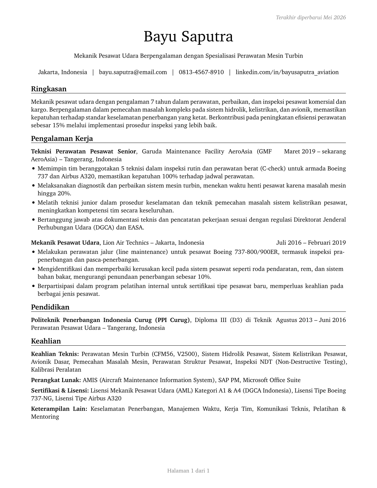 Aircraft Mechanics and Service Technicians CV in Indonesian — page 1