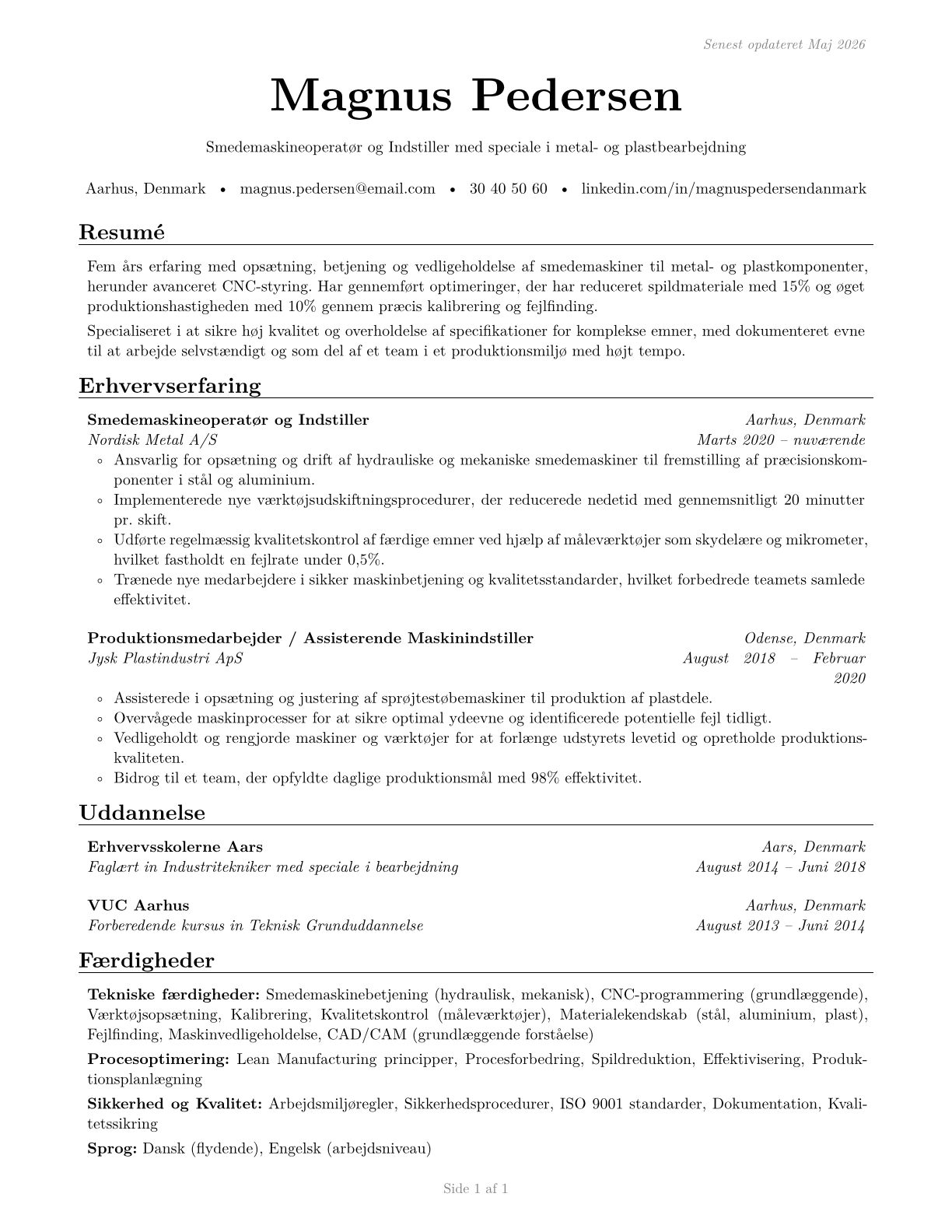 Forging Machine Setters, Operators, and Tenders, Metal and Plastic CV in Danish — page 1