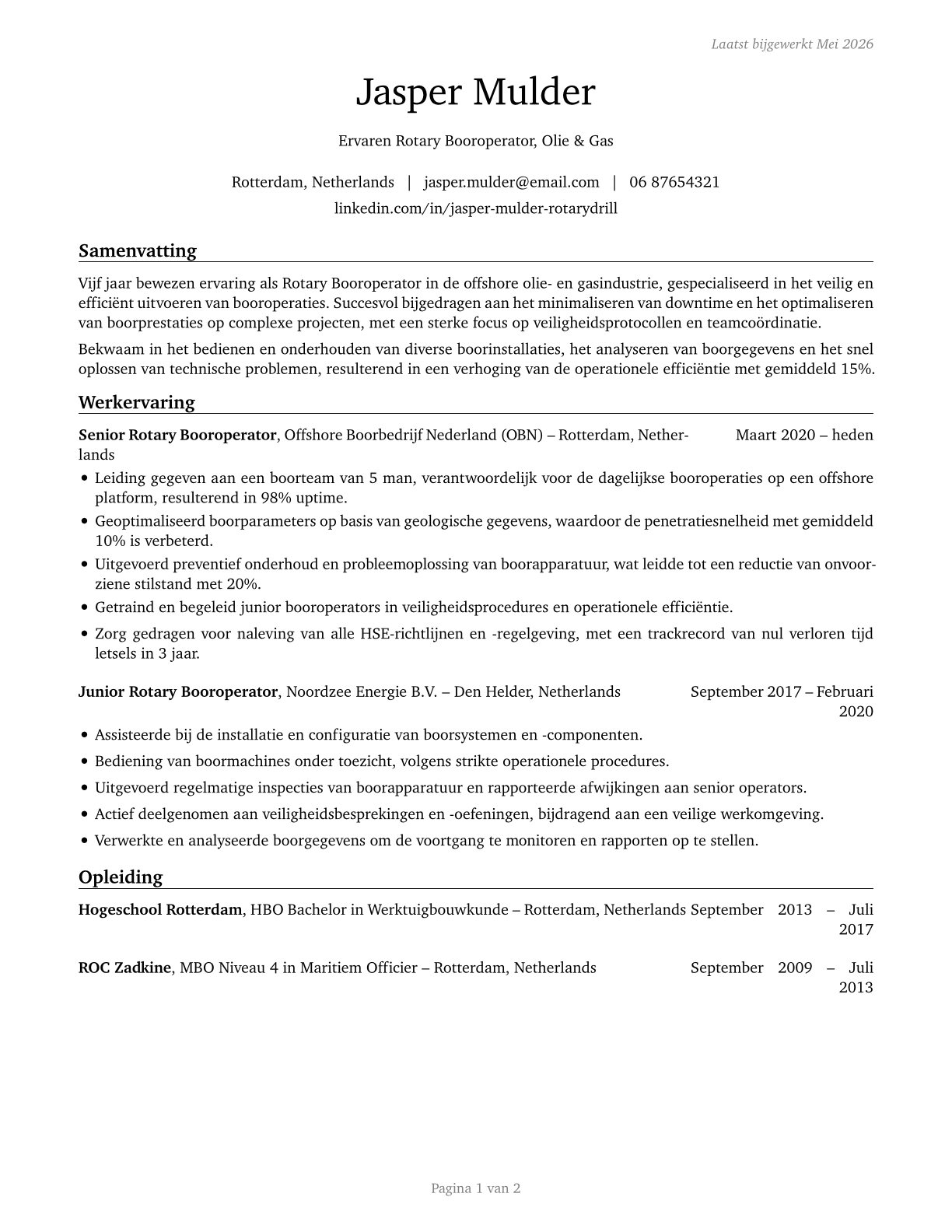 Rotary Drill Operators, Oil and Gas CV in Dutch — page 1