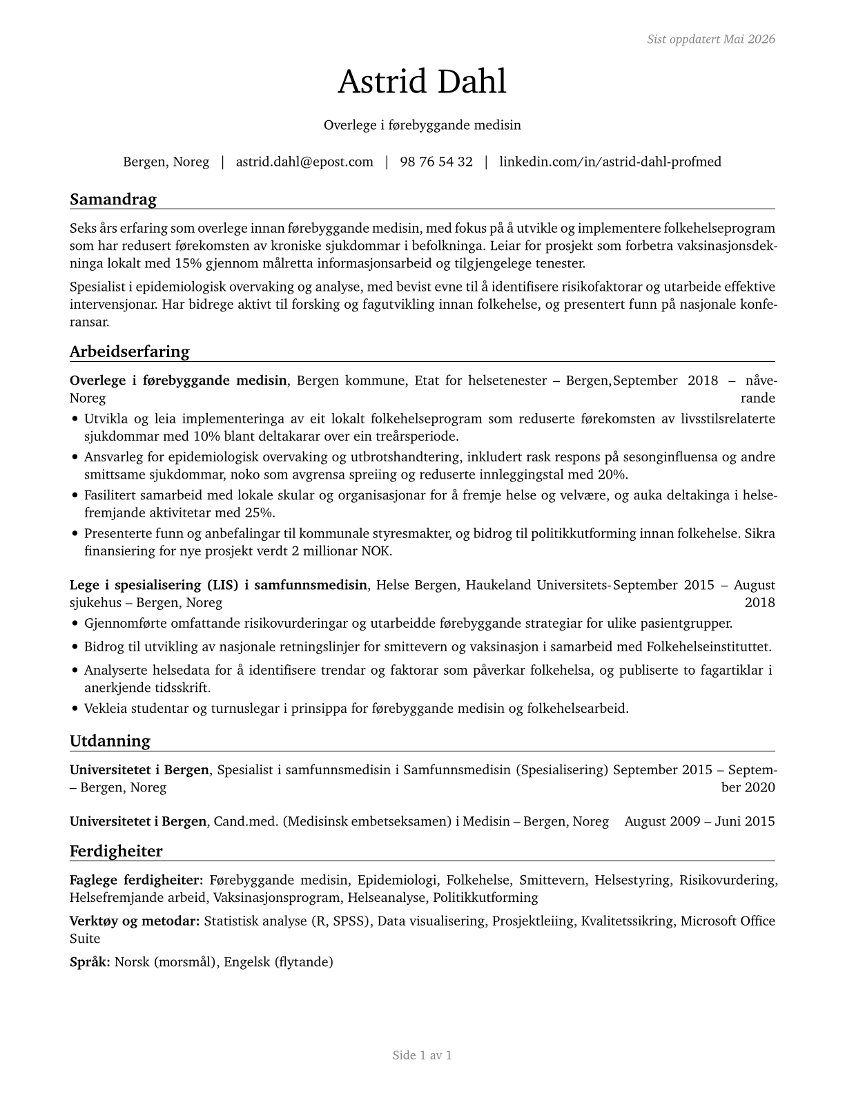 Preventive Medicine Physicians CV in Norwegian_nynorsk — page 1
