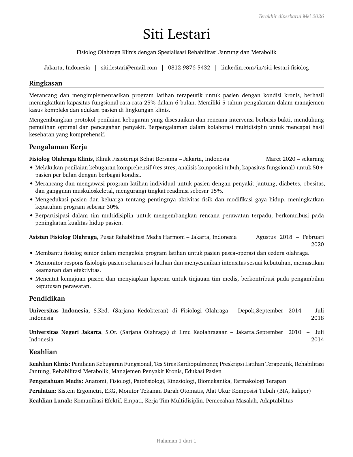 Exercise Physiologists CV in Indonesian — page 1