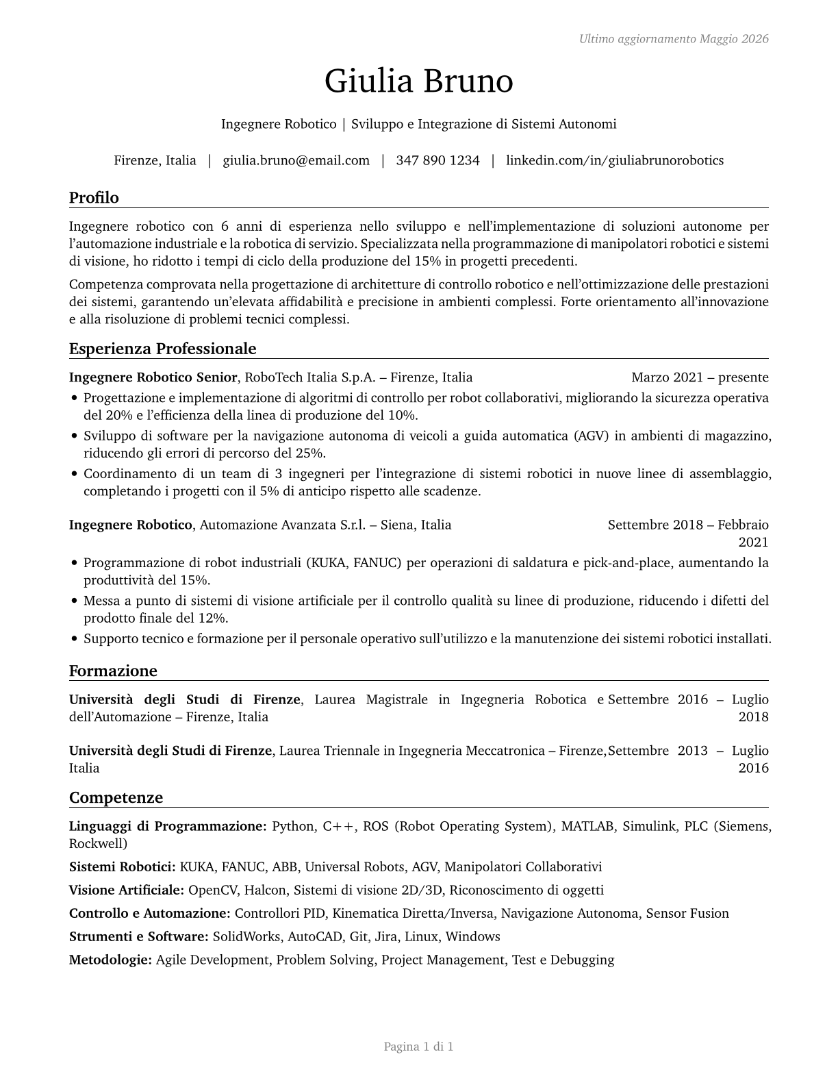 Robotics Engineers CV in Italian — page 1