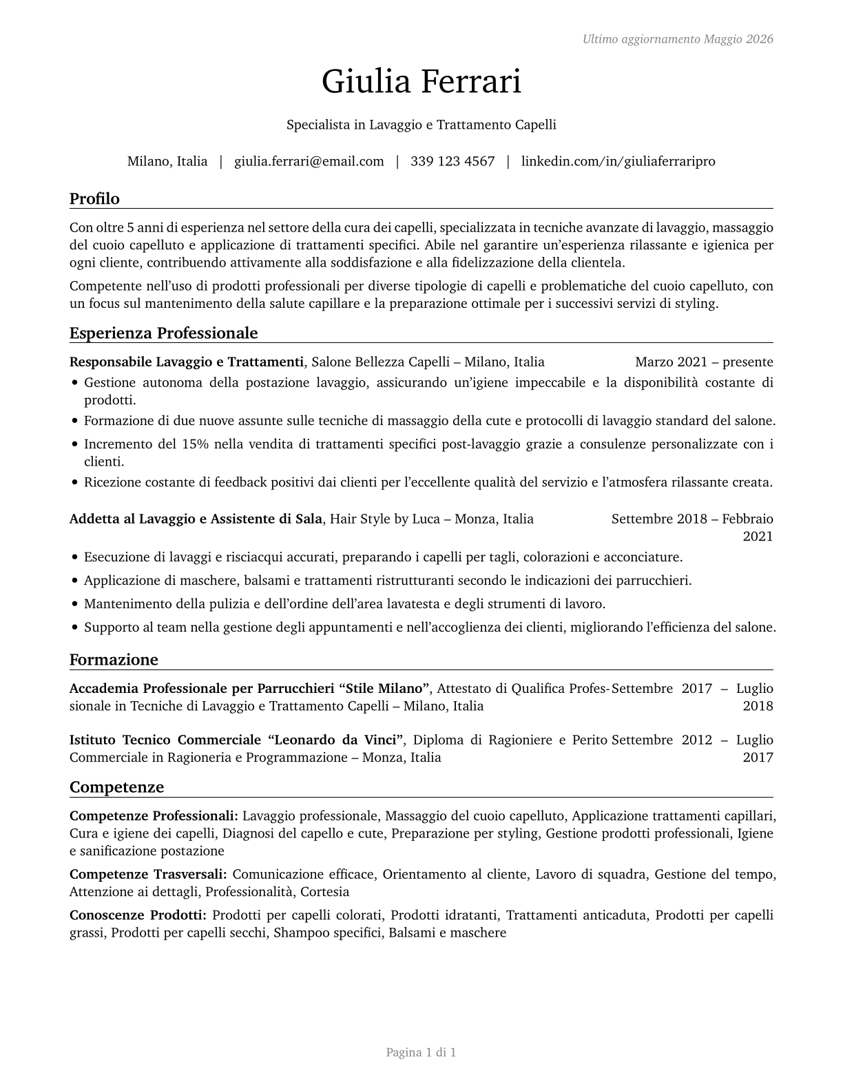 Shampooers CV in Italian — page 1