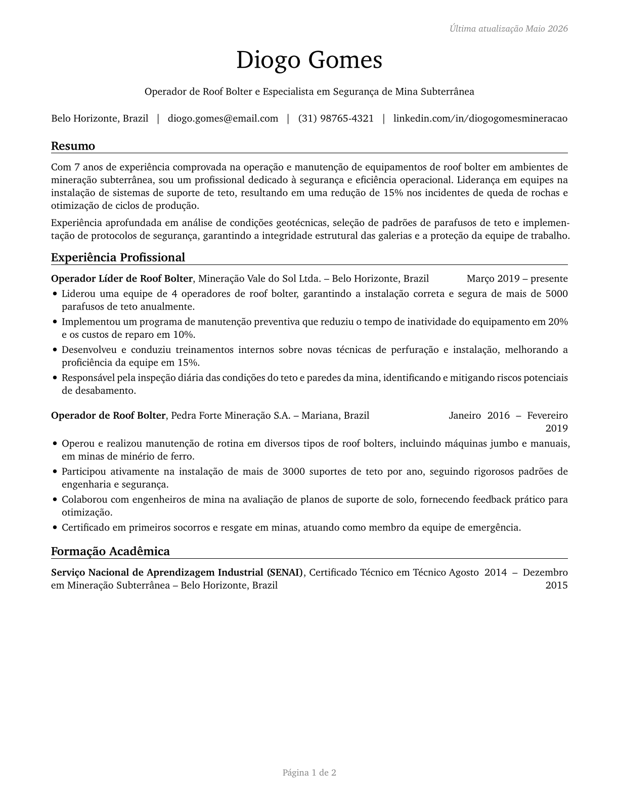 Roof Bolters, Mining CV in Portuguese — page 1