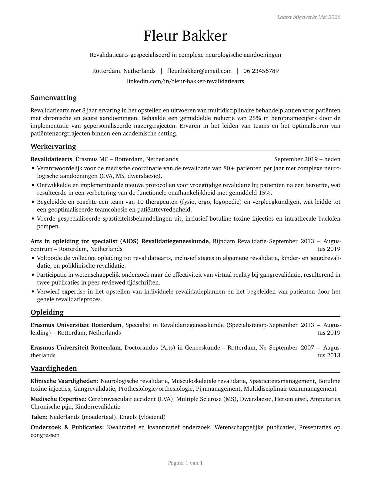 Physical Medicine and Rehabilitation Physicians CV in Dutch — page 1