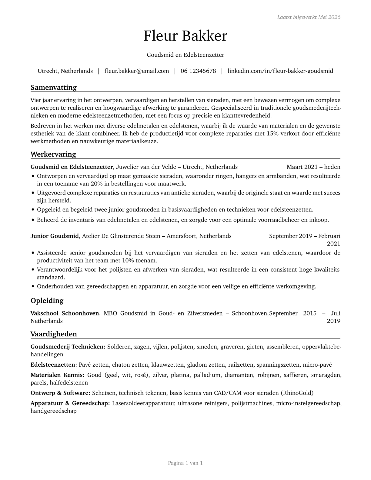 Jewelers and Precious Stone and Metal Workers CV in Dutch — page 1