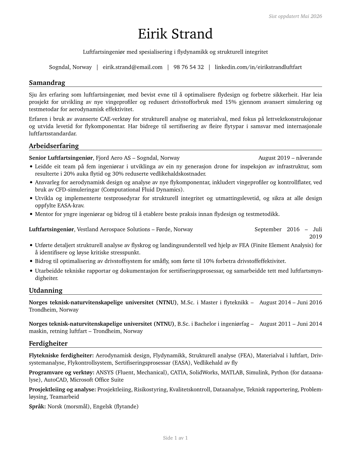 Aerospace Engineers CV in Norwegian_nynorsk — page 1