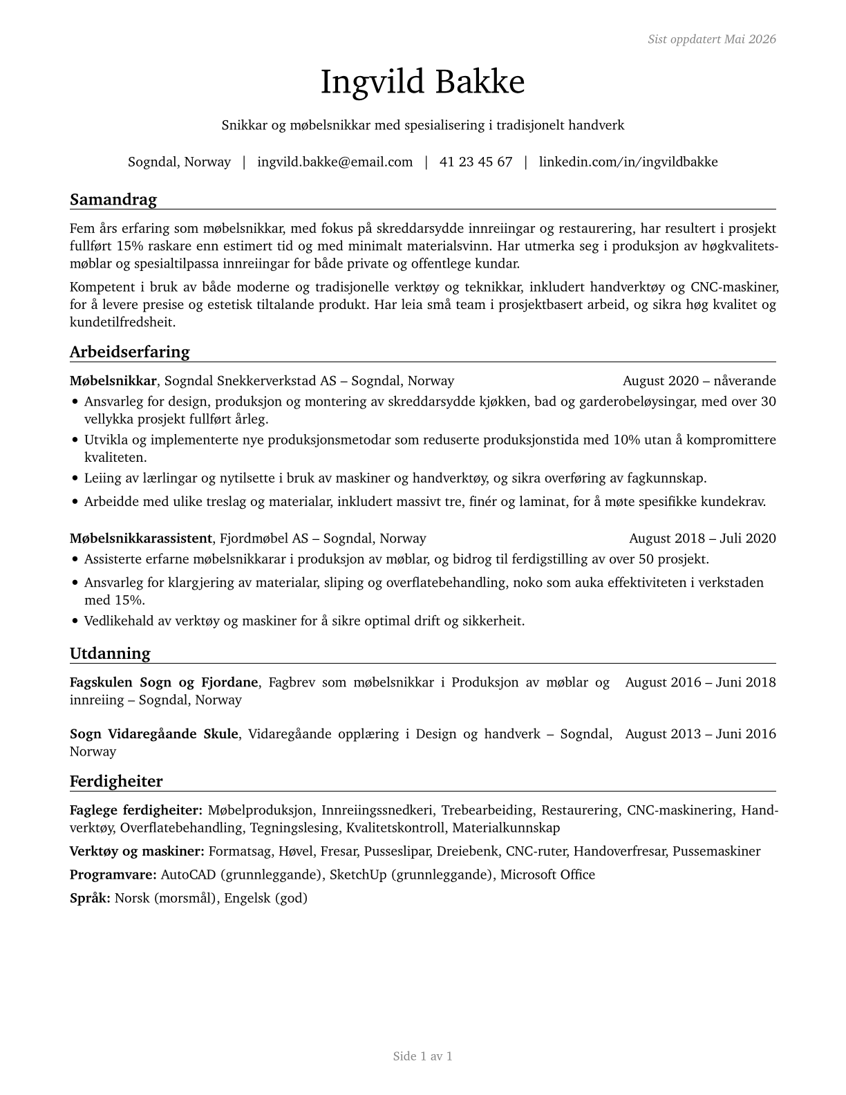 Cabinetmakers and Bench Carpenters CV in Norwegian_nynorsk — page 1