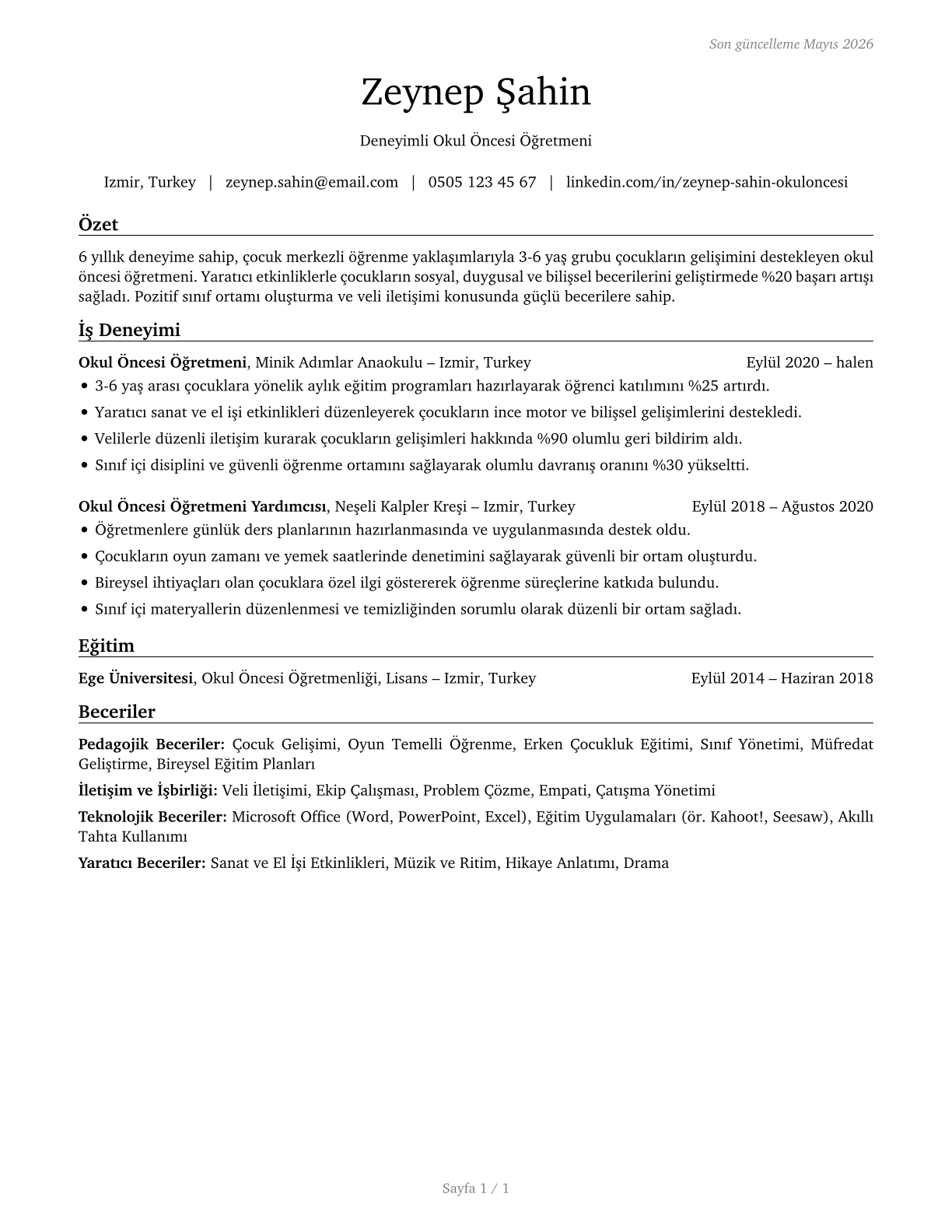 Preschool Teachers, Except Special Education CV in Turkish — page 1
