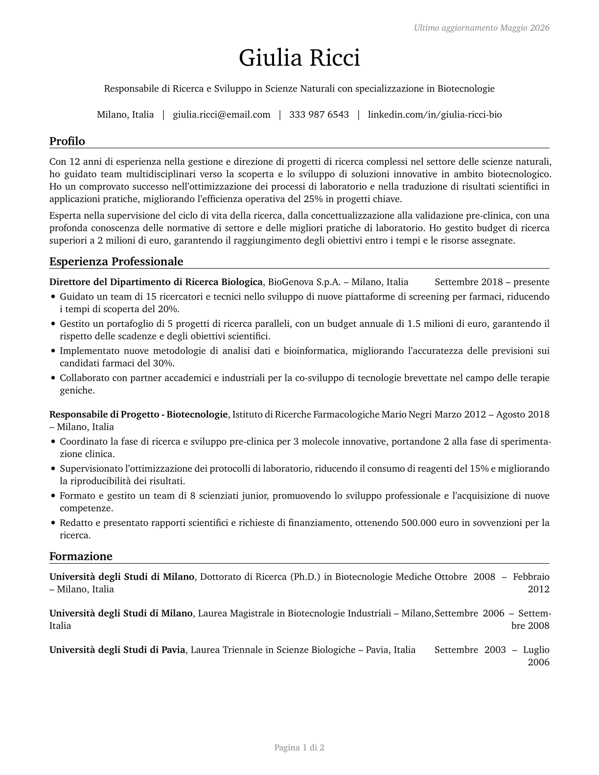 Natural Sciences Managers CV in Italian — page 1