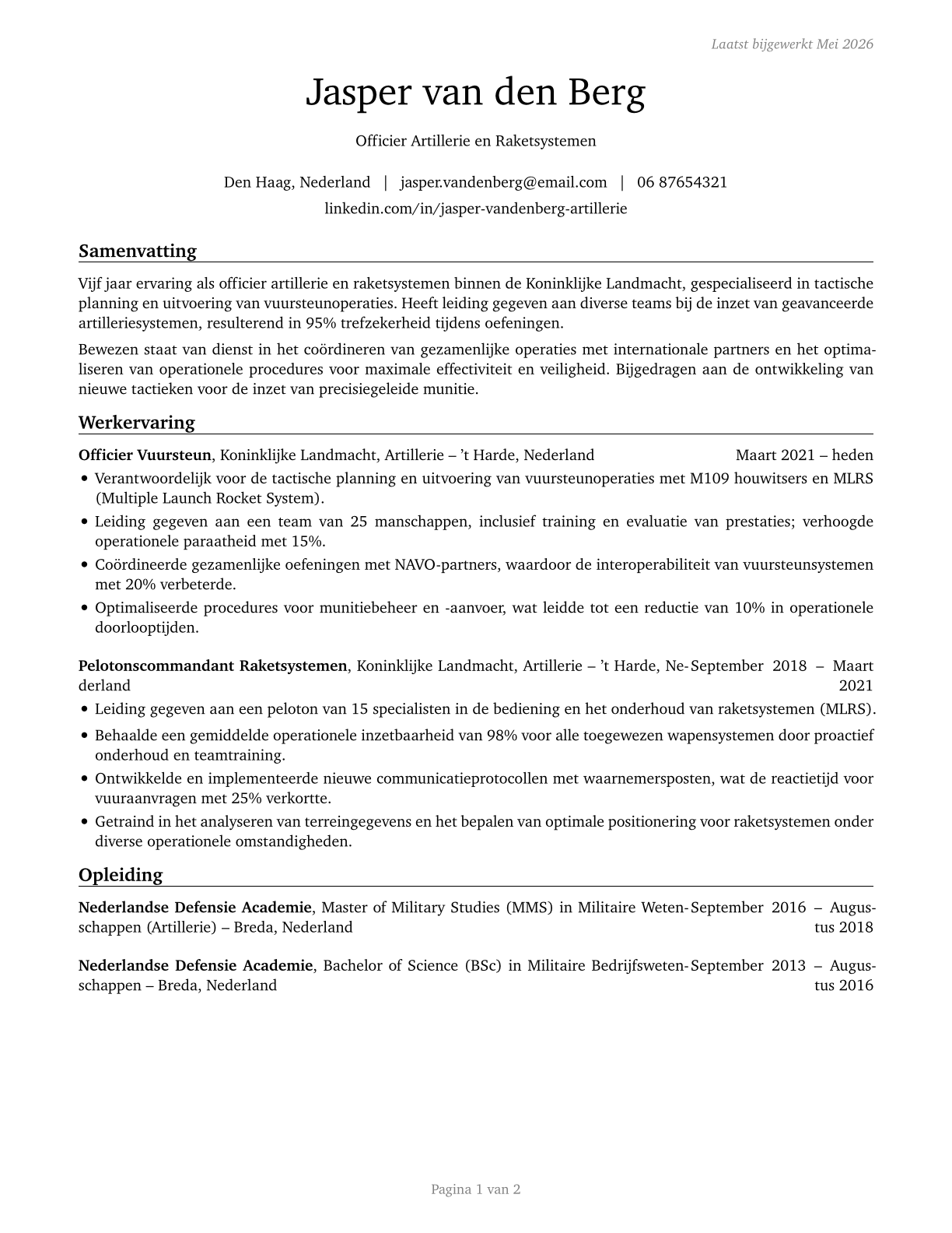 Artillery and Missile Officers CV in Dutch — page 1