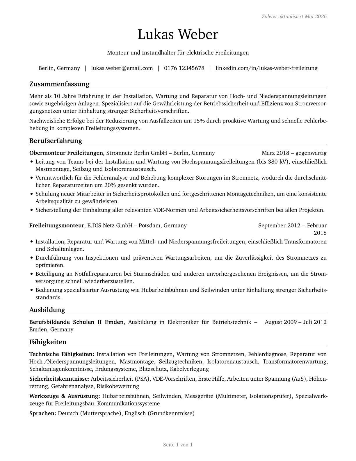 Electrical Power-Line Installers and Repairers CV in German — page 1