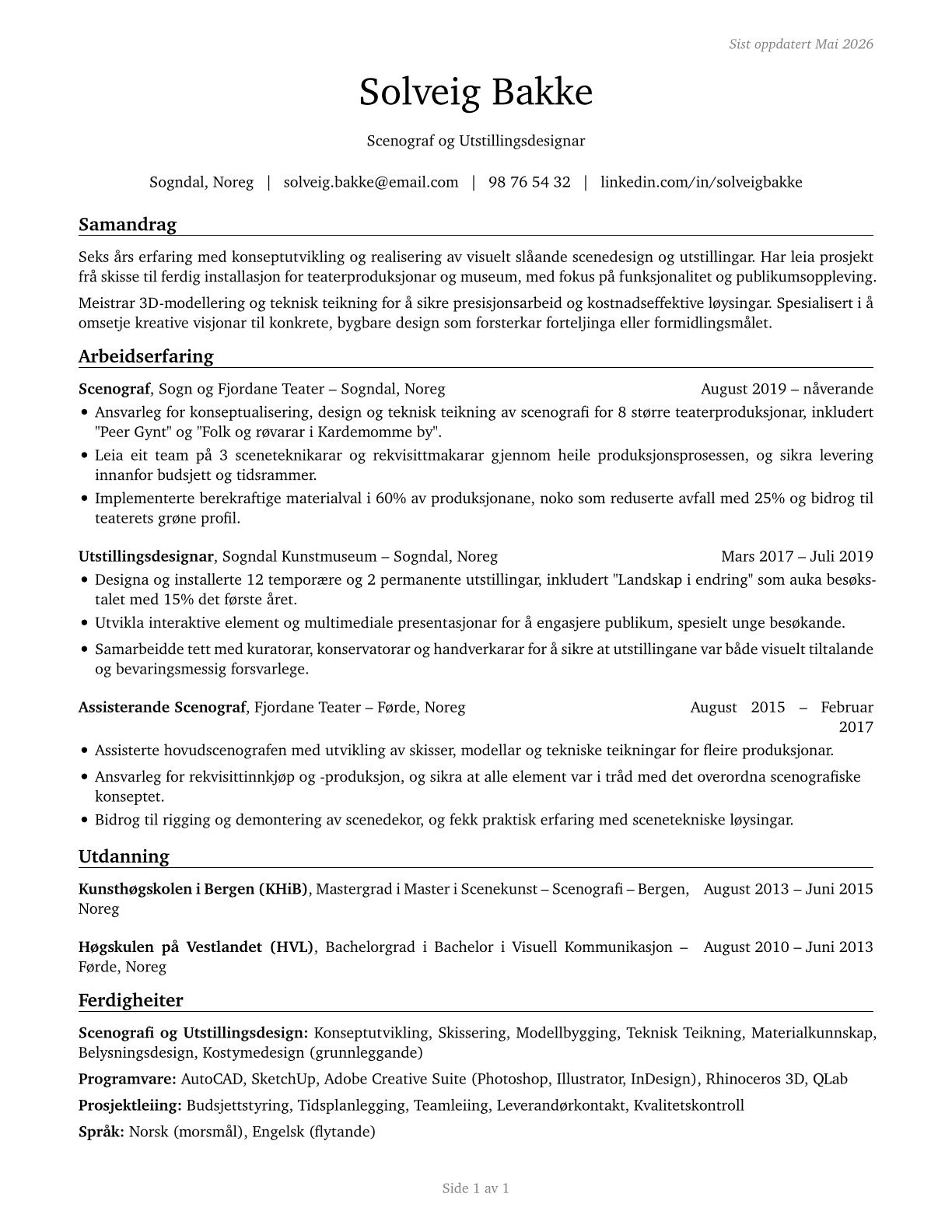 Set and Exhibit Designers CV in Norwegian_nynorsk — page 1