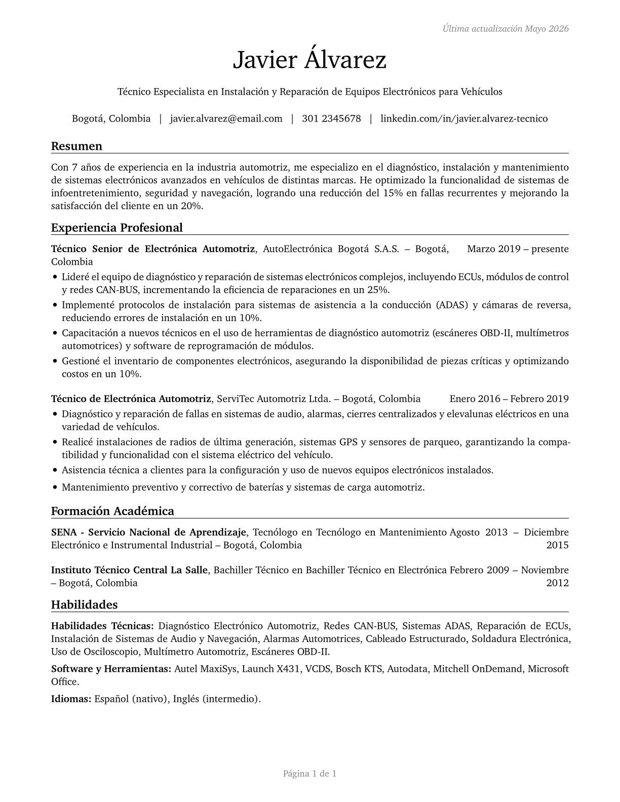 Electronic Equipment Installers and Repairers, Motor Vehicles CV in Spanish — page 1