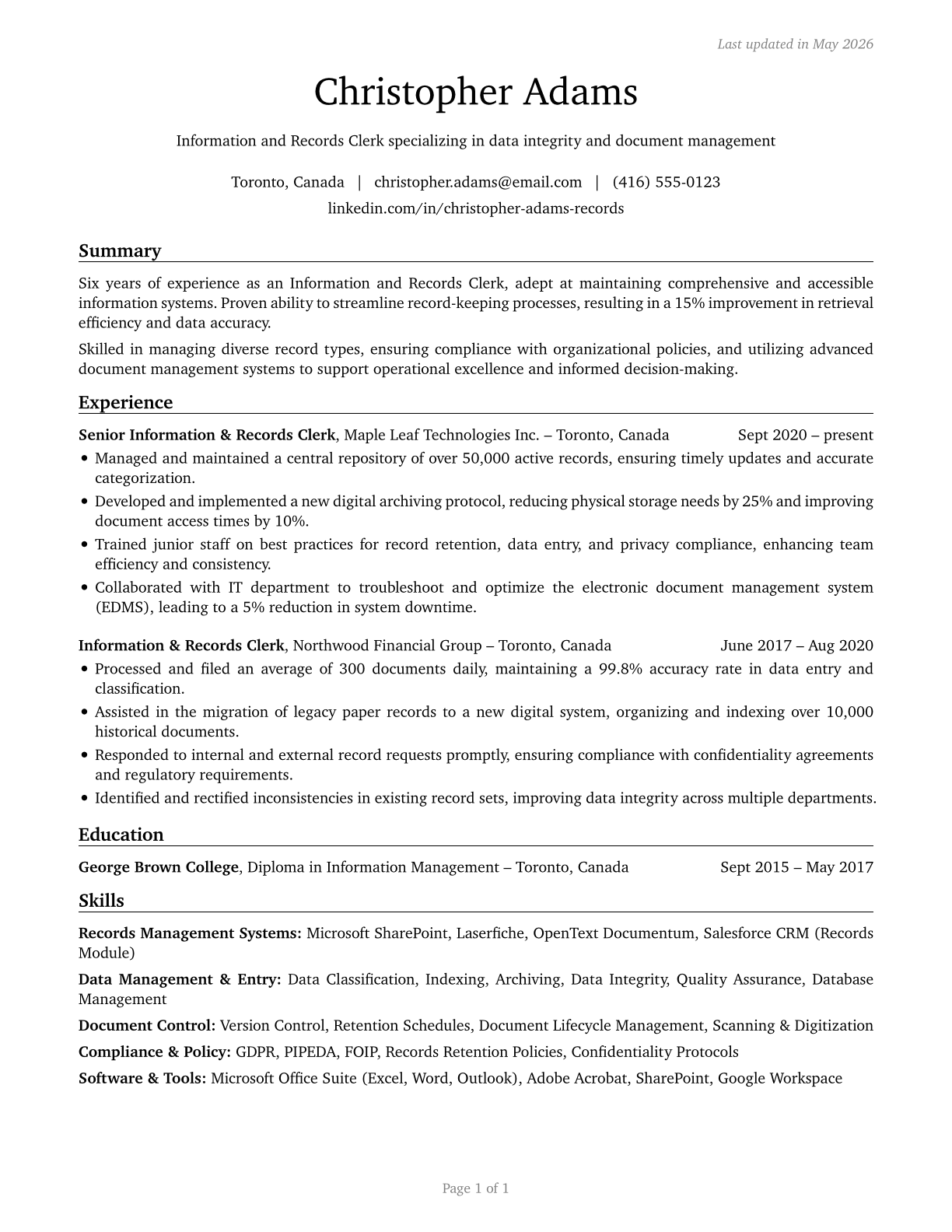 Information and Record Clerks, All Other CV in English — page 1