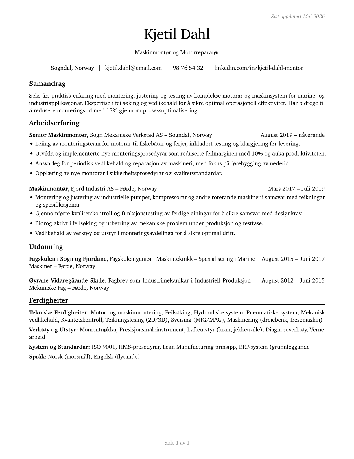 Engine and Other Machine Assemblers CV in Norwegian_nynorsk — page 1