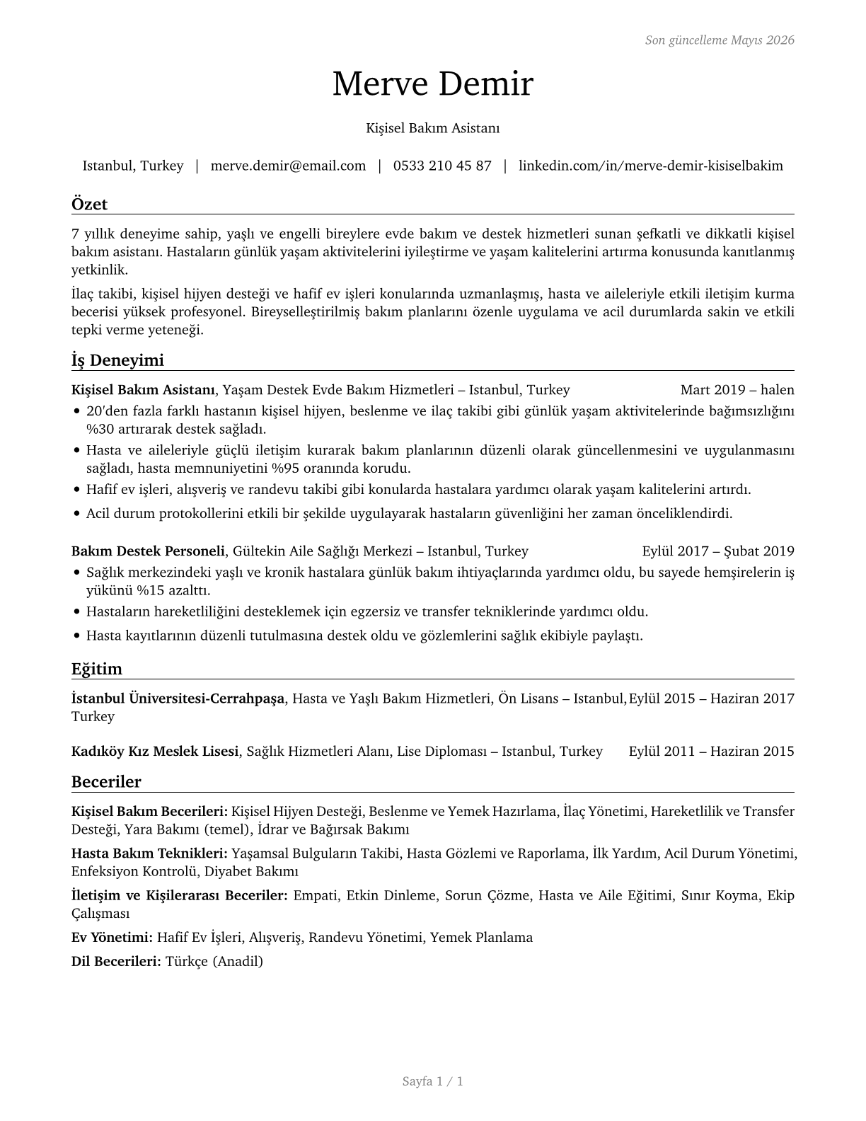 Personal Care Aides CV in Turkish — page 1