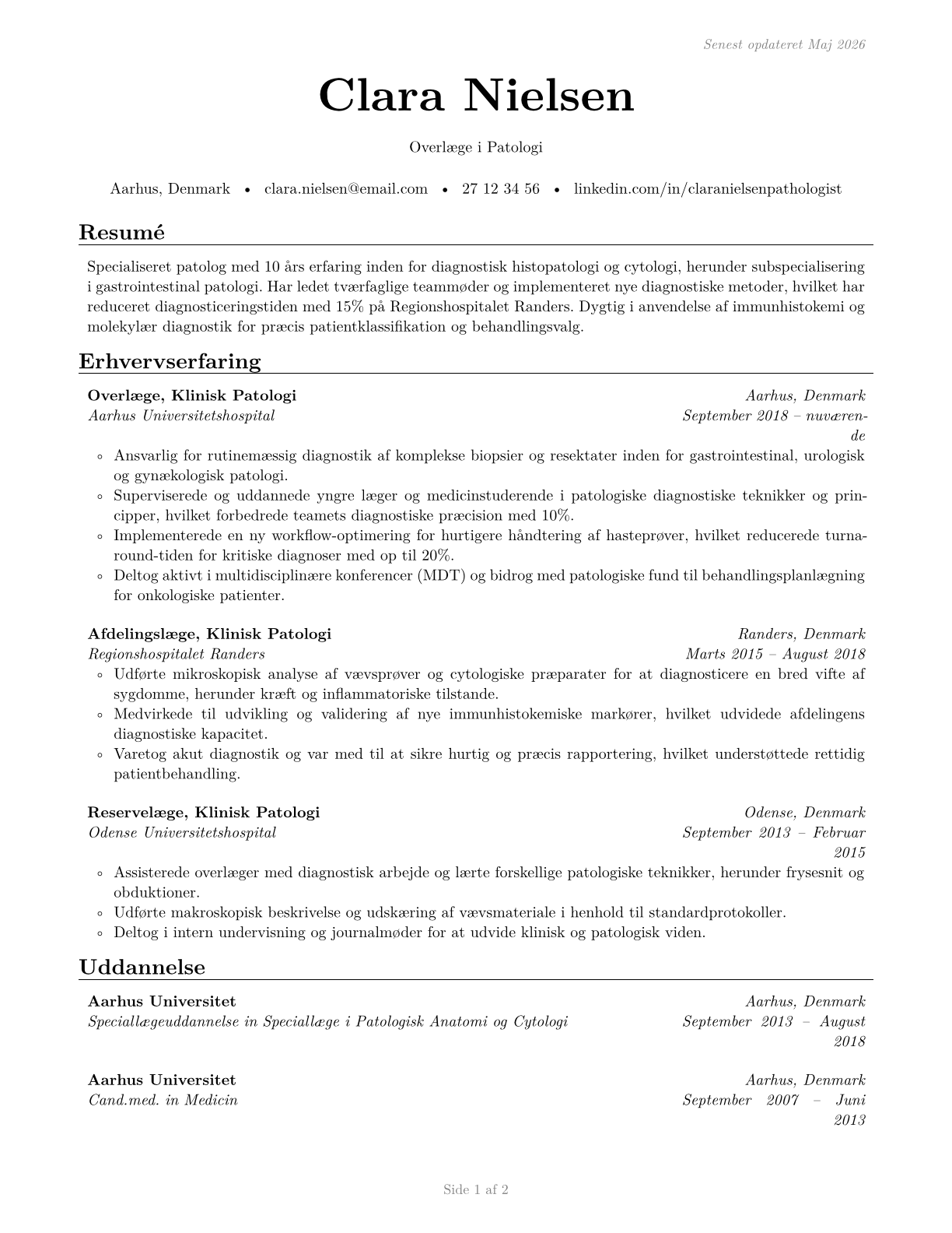 Physicians, Pathologists CV in Danish — page 1