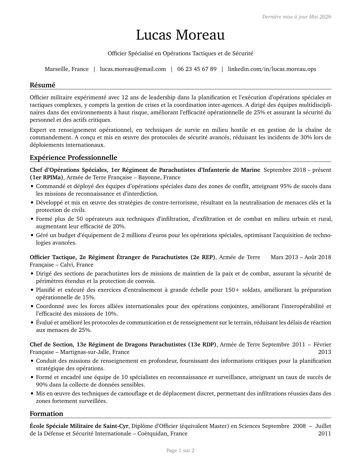 Military Officer Special and Tactical Operations Leaders, All Other CV in French — page 1