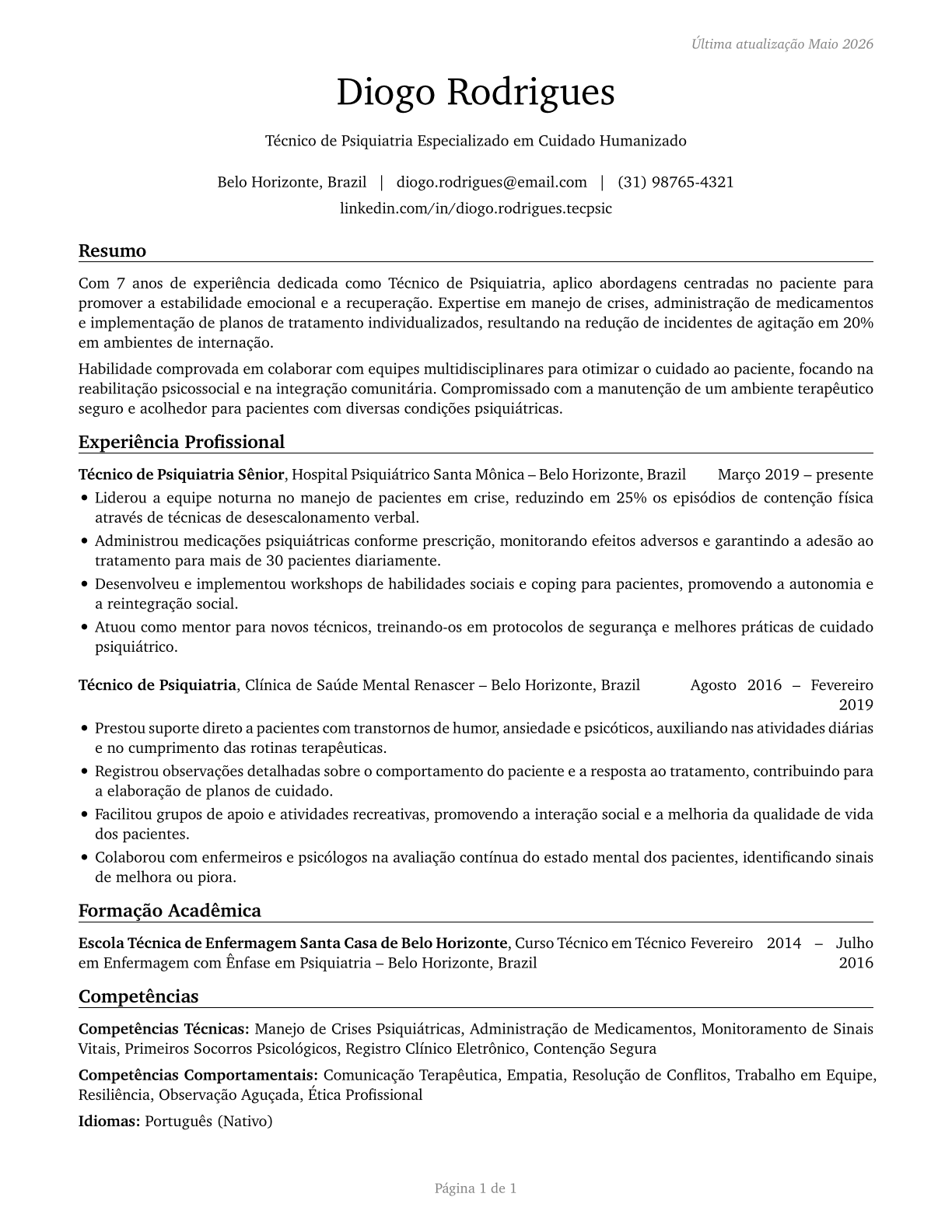 Psychiatric Technicians CV in Portuguese — page 1