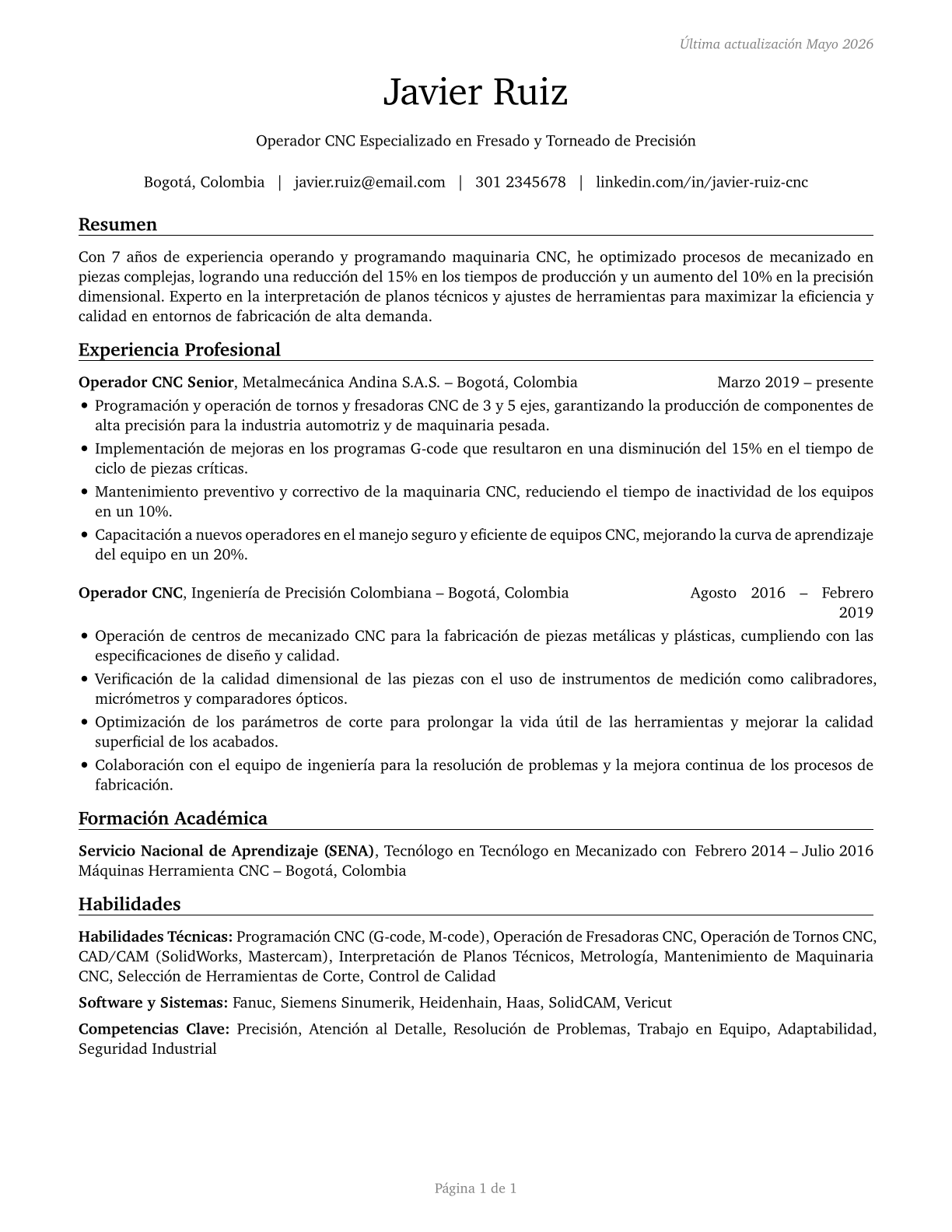 Computer Numerically Controlled Tool Operators CV in Spanish — page 1