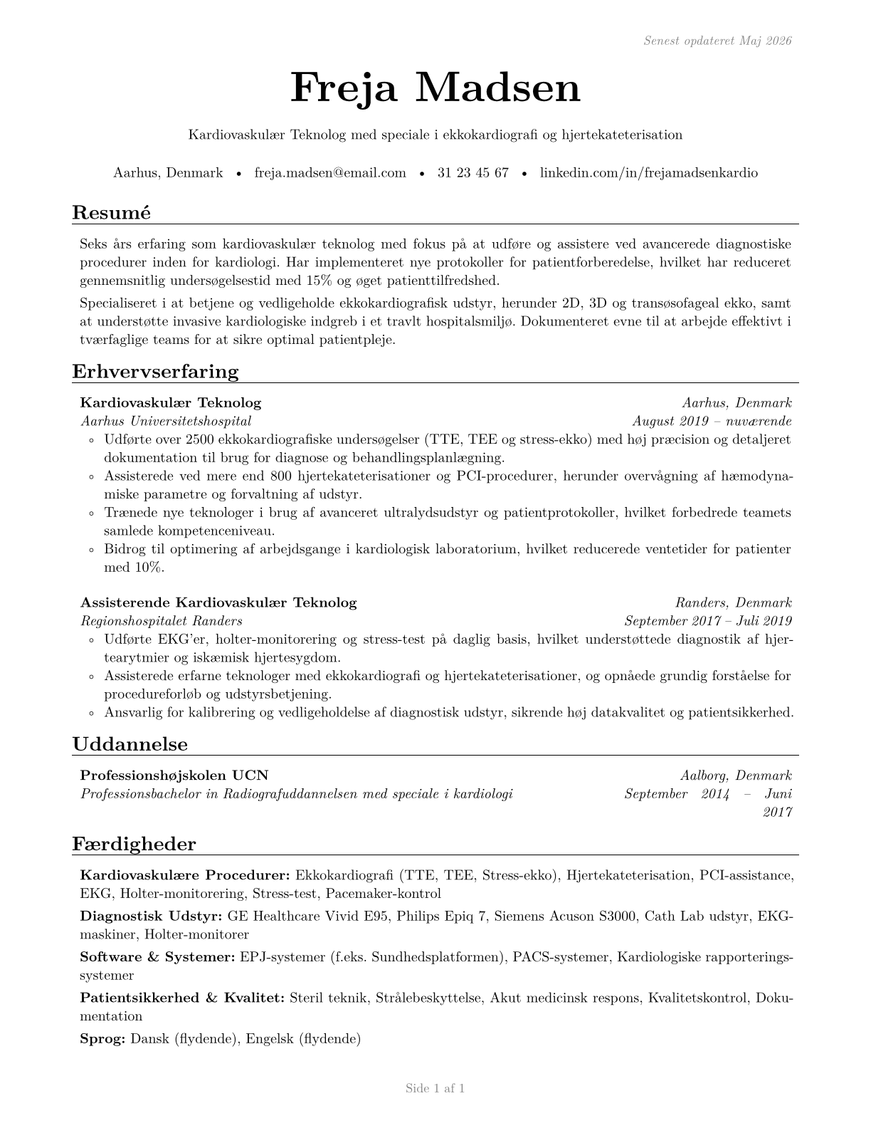 Cardiovascular Technologists and Technicians CV in Danish — page 1