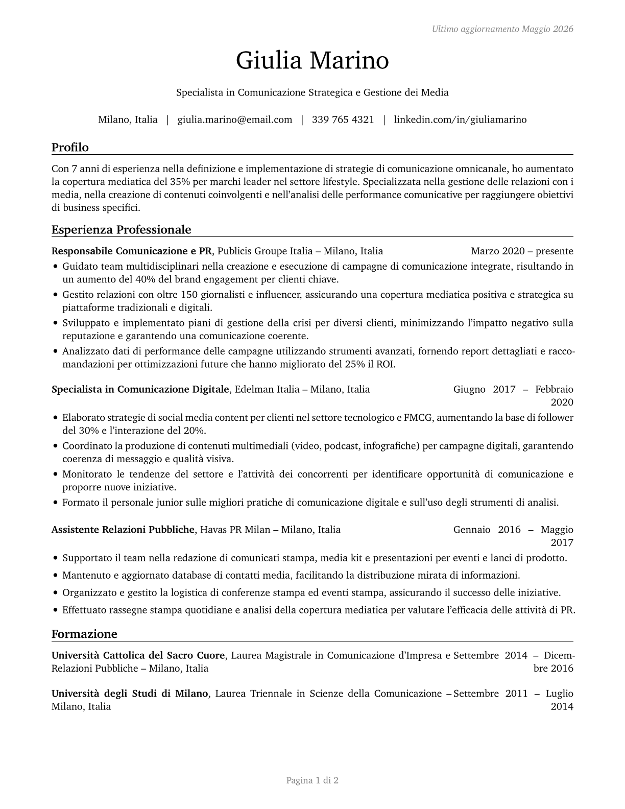 Media and Communication Workers, All Other CV in Italian — page 1