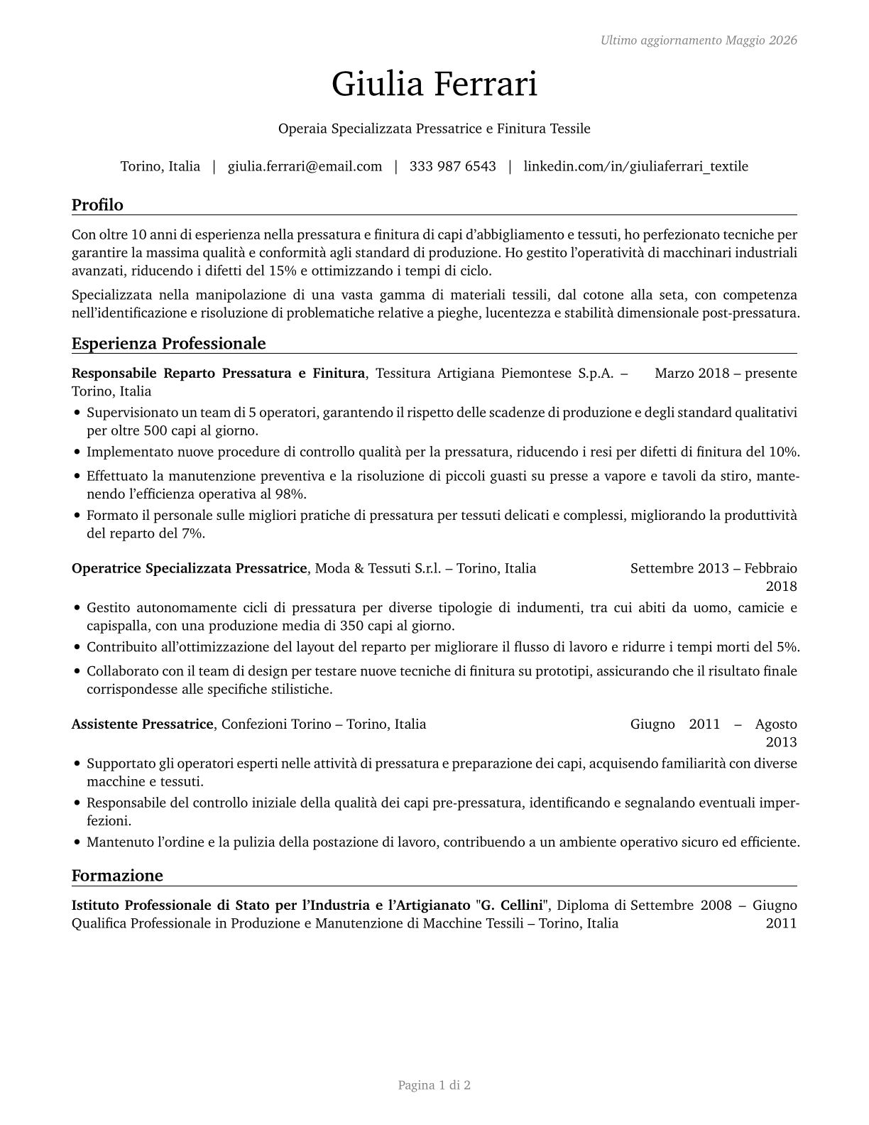 Pressers, Textile, Garment, and Related Materials CV in Italian — page 1