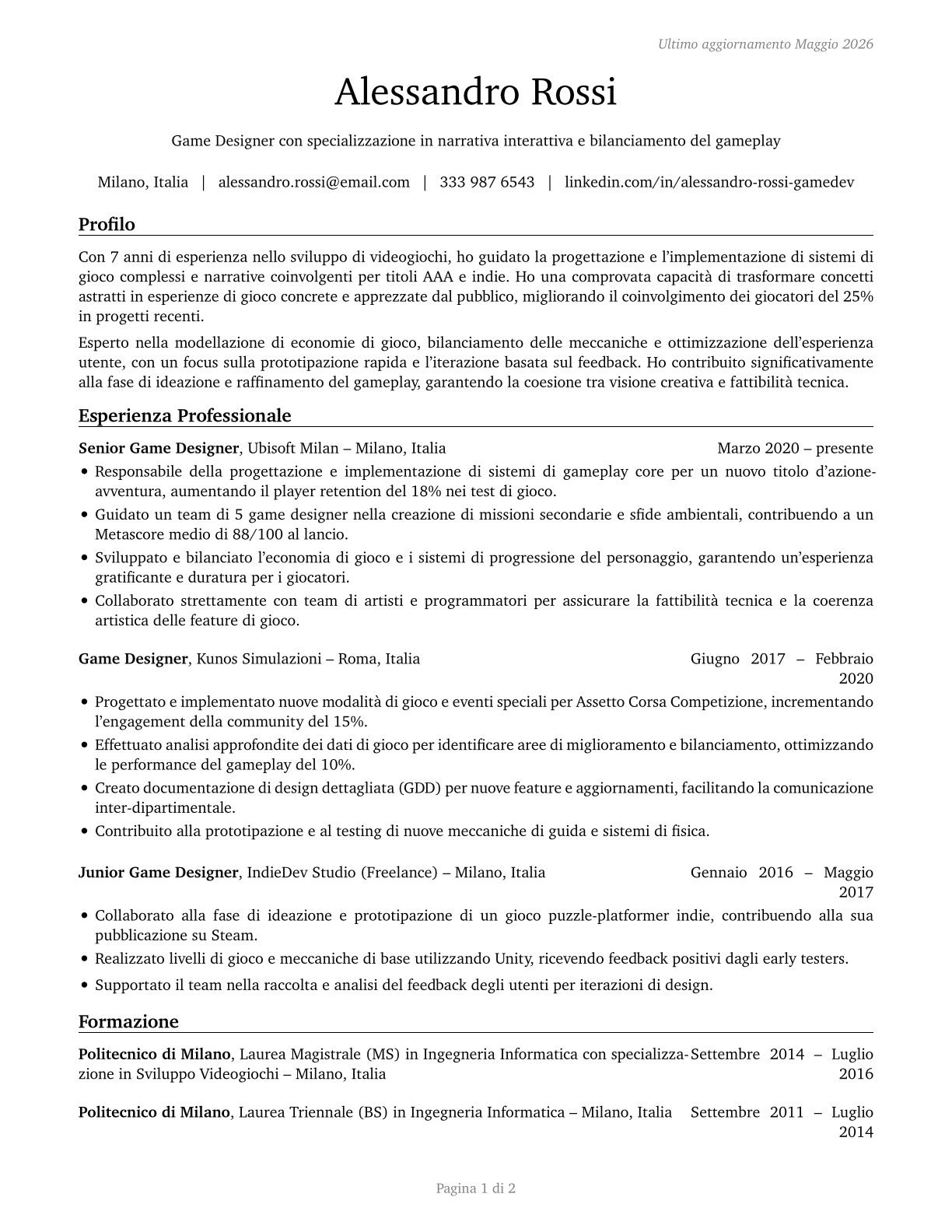 Video Game Designers CV in Italian — page 1